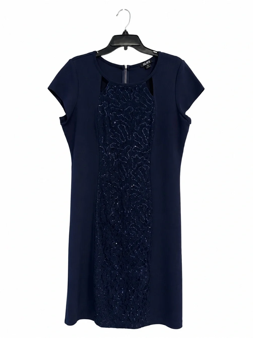 SLNY Navy Sheath Dress 16 Lace Sequin Cocktail Wedding Guest Dress - Picture 1 of 2